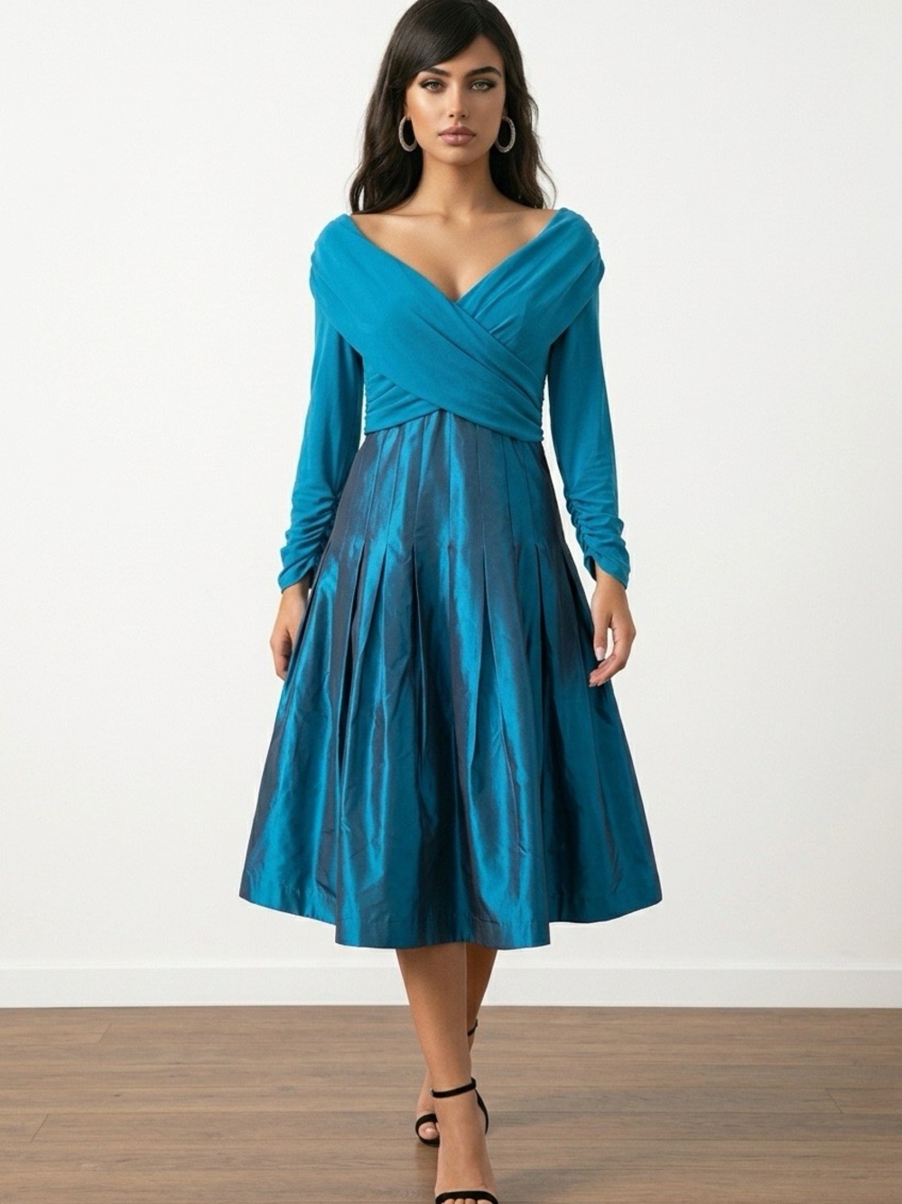 Marisa Baratelli Teal Silk Wrap-Style Long Sleeve Fit & Flare Dress Size 12
